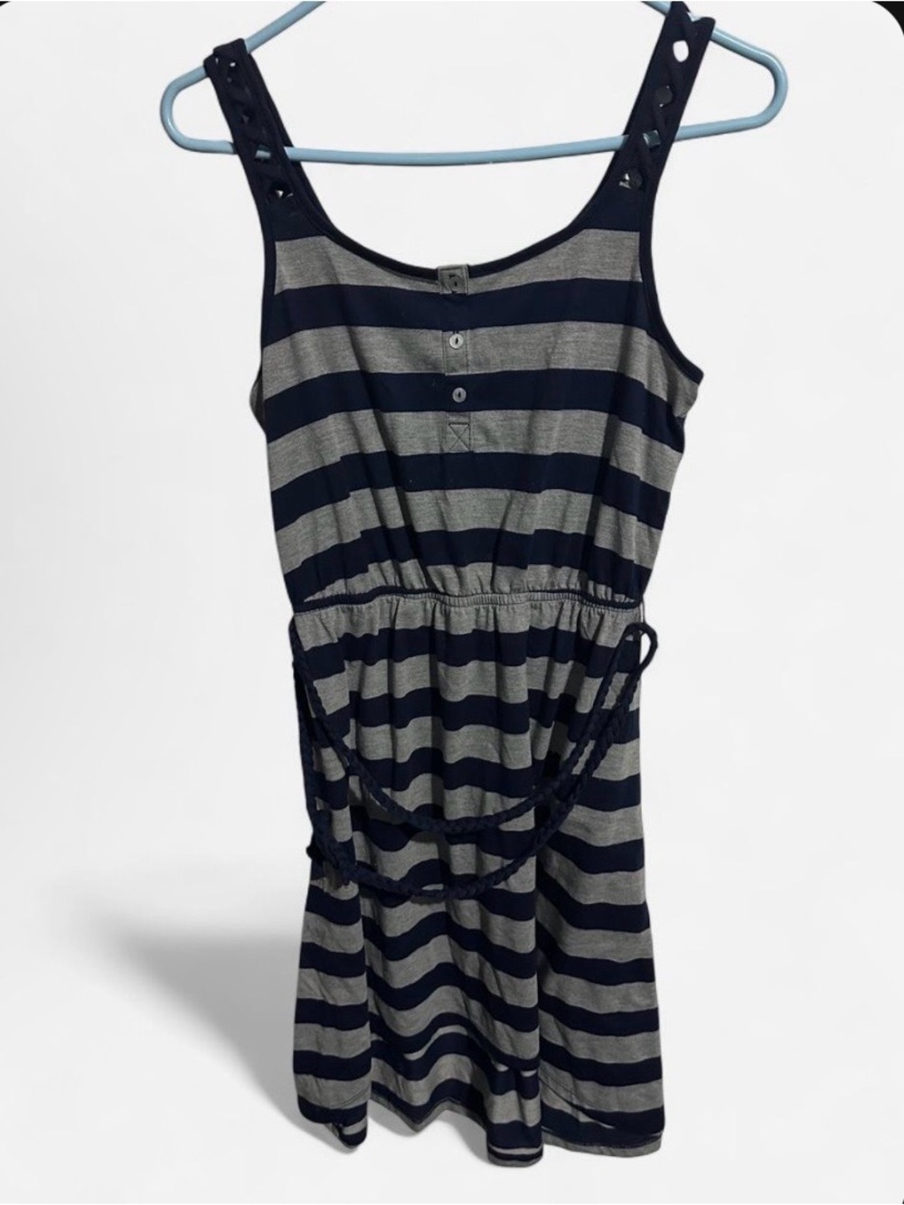 No Boundaries Navy and Gray Striped Sleeveless Knit Dress
